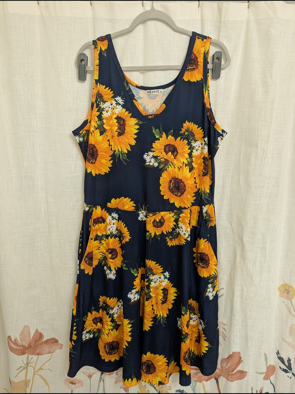 Sunflower Print Sleeveless Swing Dress Womens XXL Navy Yellow Floral